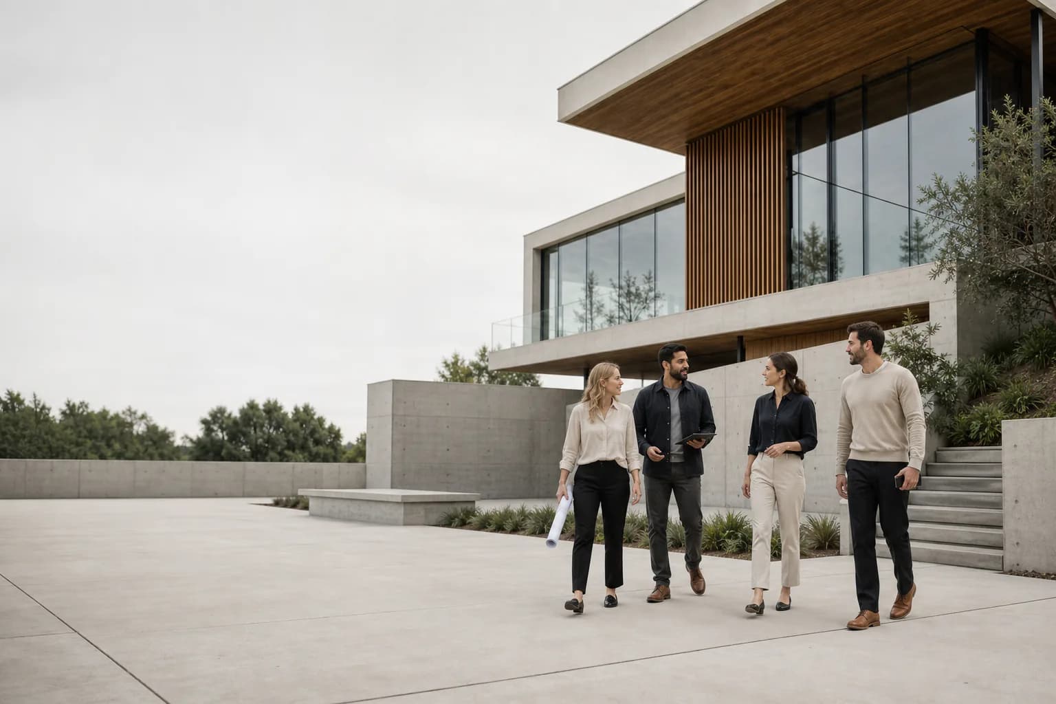 Construction team walking through a modern building
