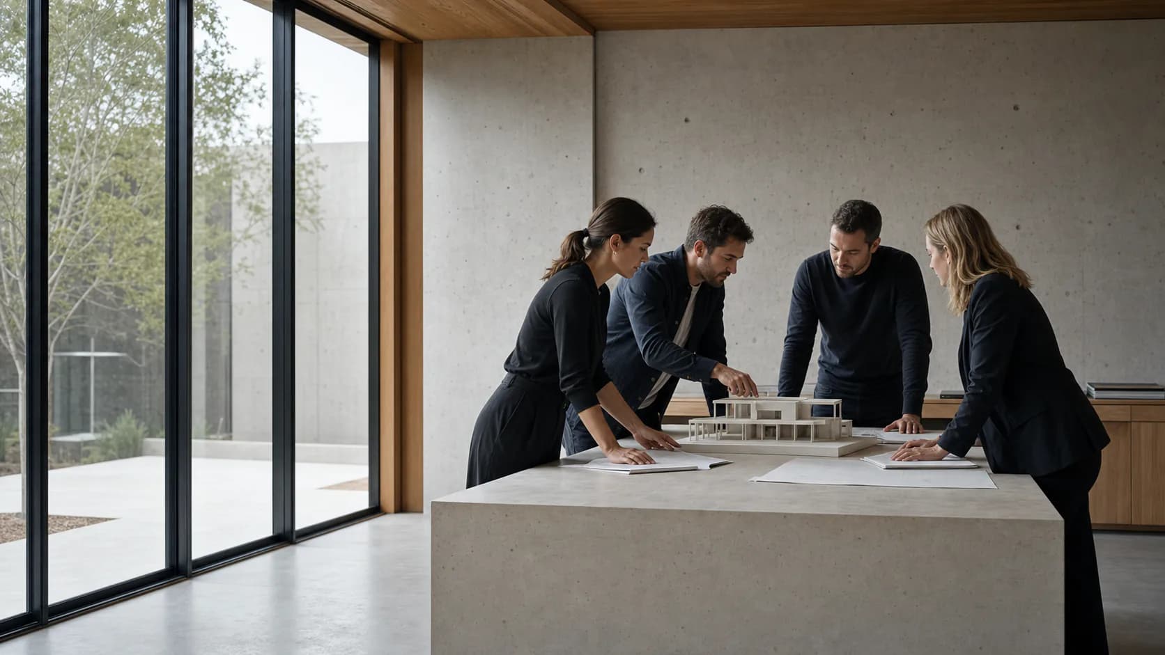 Construction and engineering team reviewing plans together